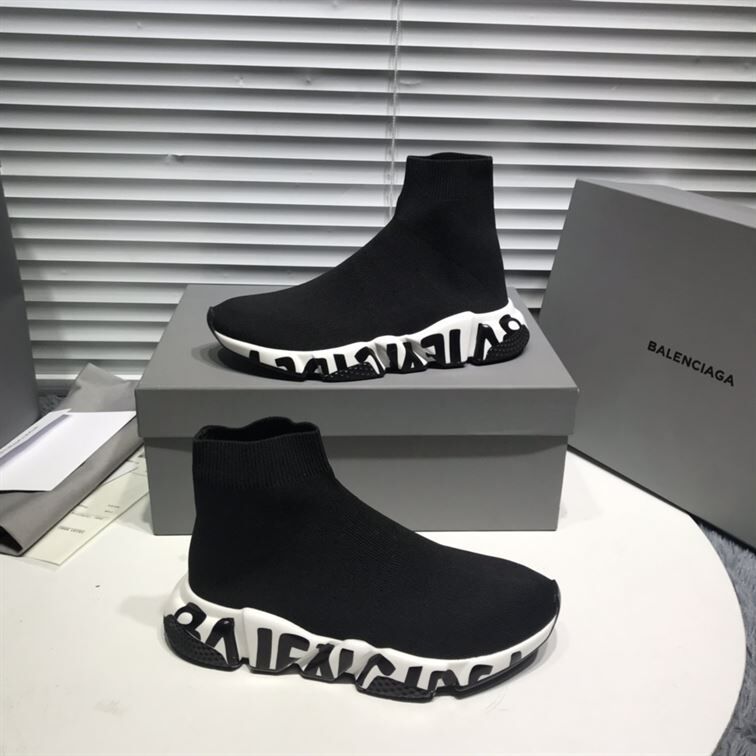 BALENCIAGA SPEED RECYCLED KNIT GRAFFITI SNEAKER IN BLACK/WHITE - BLA051