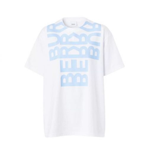 BURBERRY LOGO PRINT COTTON OVERSIZED T-SHIRT IN WHITE/BLUE - BRS005