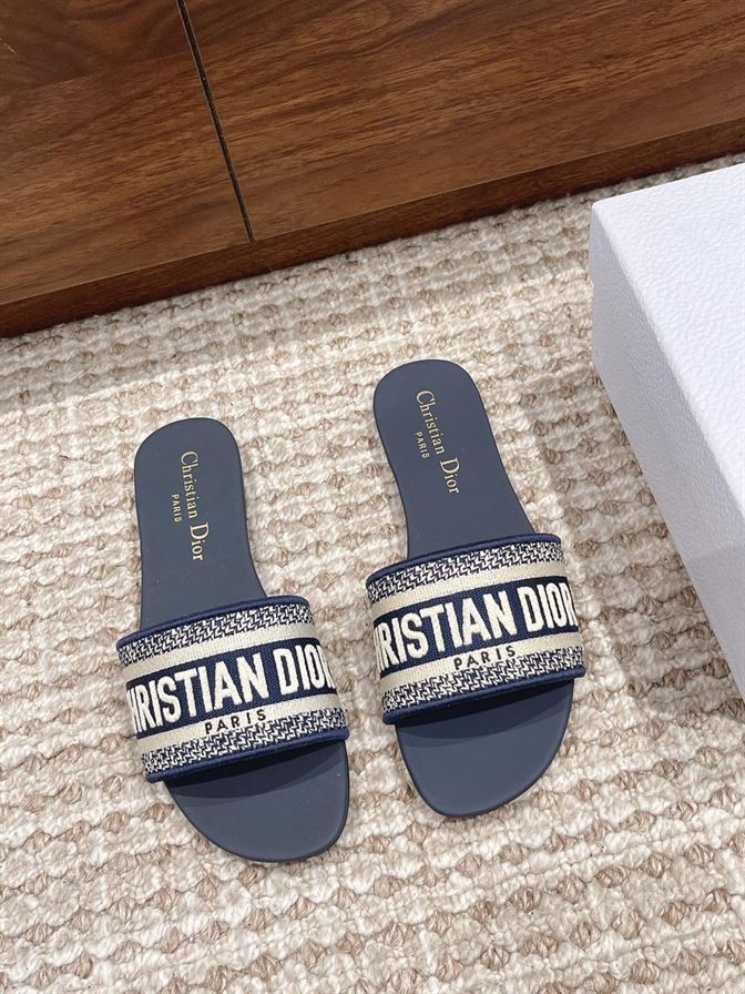 DIOR DWAY SLIDE DEEP BLUE EMBROIDERED COTTON - DS020