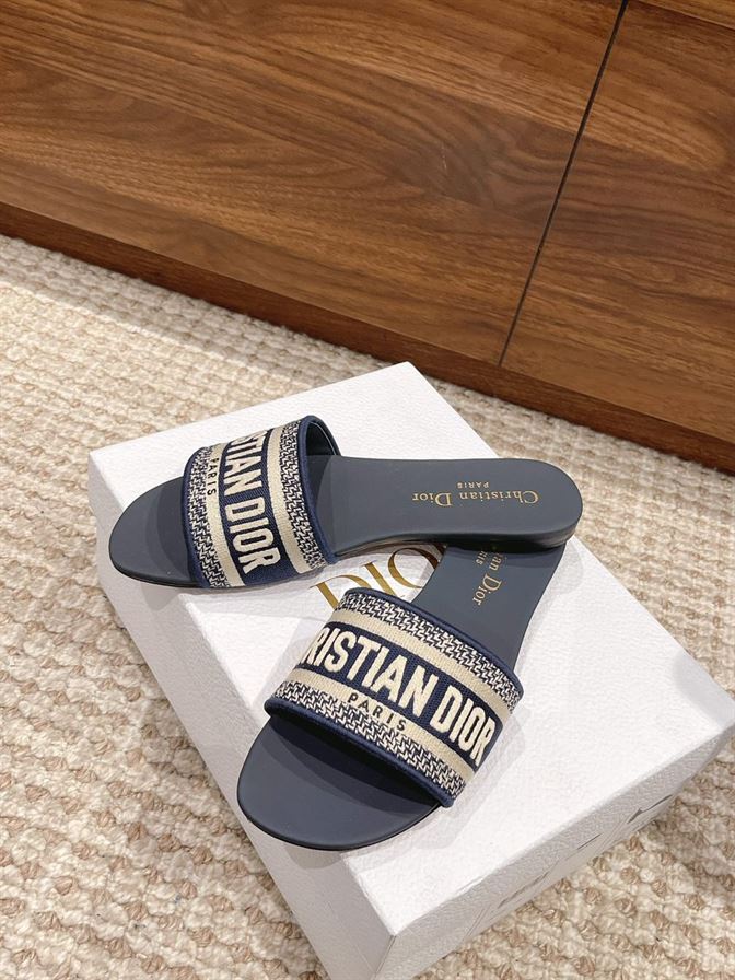 DIOR DWAY SLIDE DEEP BLUE EMBROIDERED COTTON - DS020