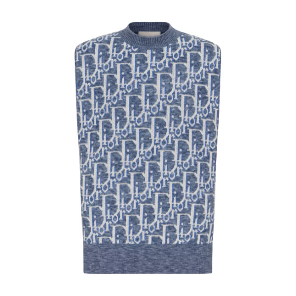 DIOR OBLIQUE SLEEVELESS SWEATER BLUE WOOL JACQUARD - DOS021