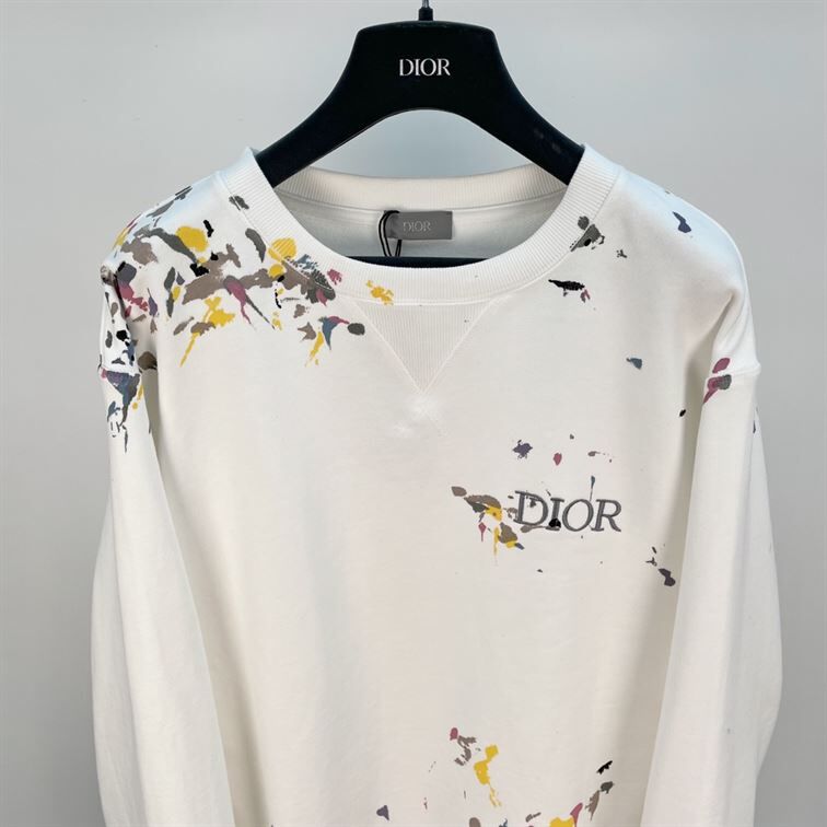 DIOR OVERSIZED SWEATSHIRT WHITE COTTON FLEECE WITH PAINT PRINT - DOS015