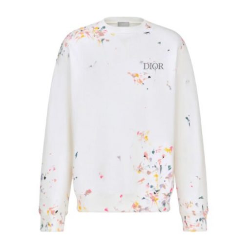 DIOR OVERSIZED SWEATSHIRT WHITE COTTON FLEECE WITH PAINT PRINT - DOS015