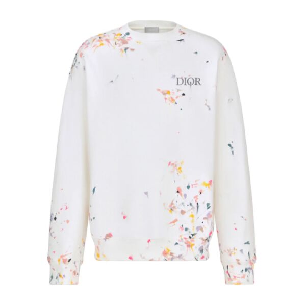 DIOR OVERSIZED SWEATSHIRT WHITE COTTON FLEECE WITH PAINT PRINT - DOS015
