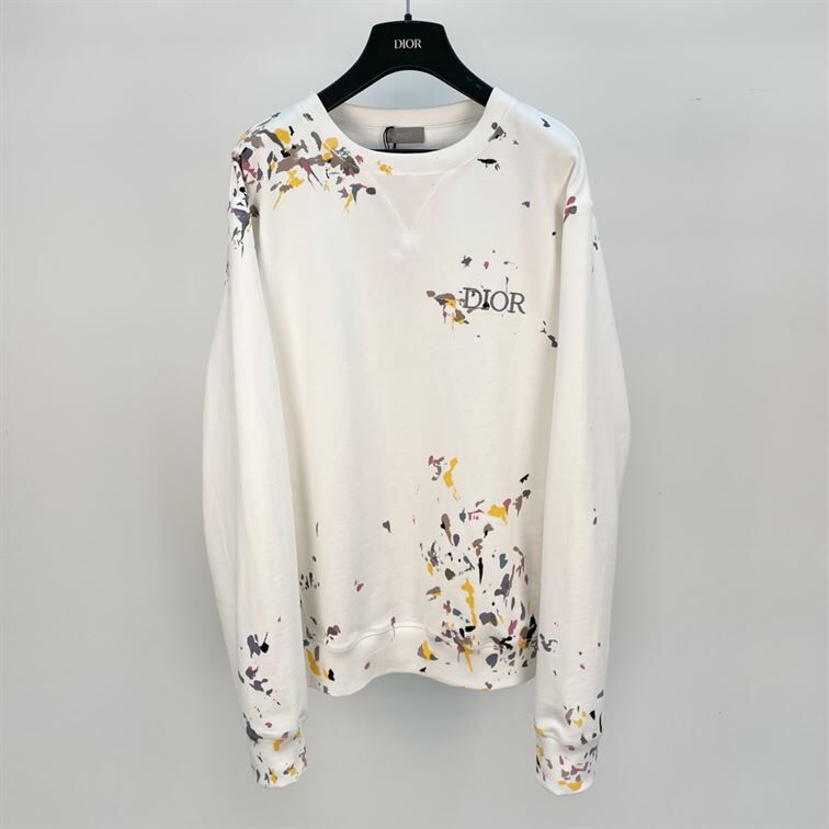 DIOR OVERSIZED SWEATSHIRT WHITE COTTON FLEECE WITH PAINT PRINT - DOS015