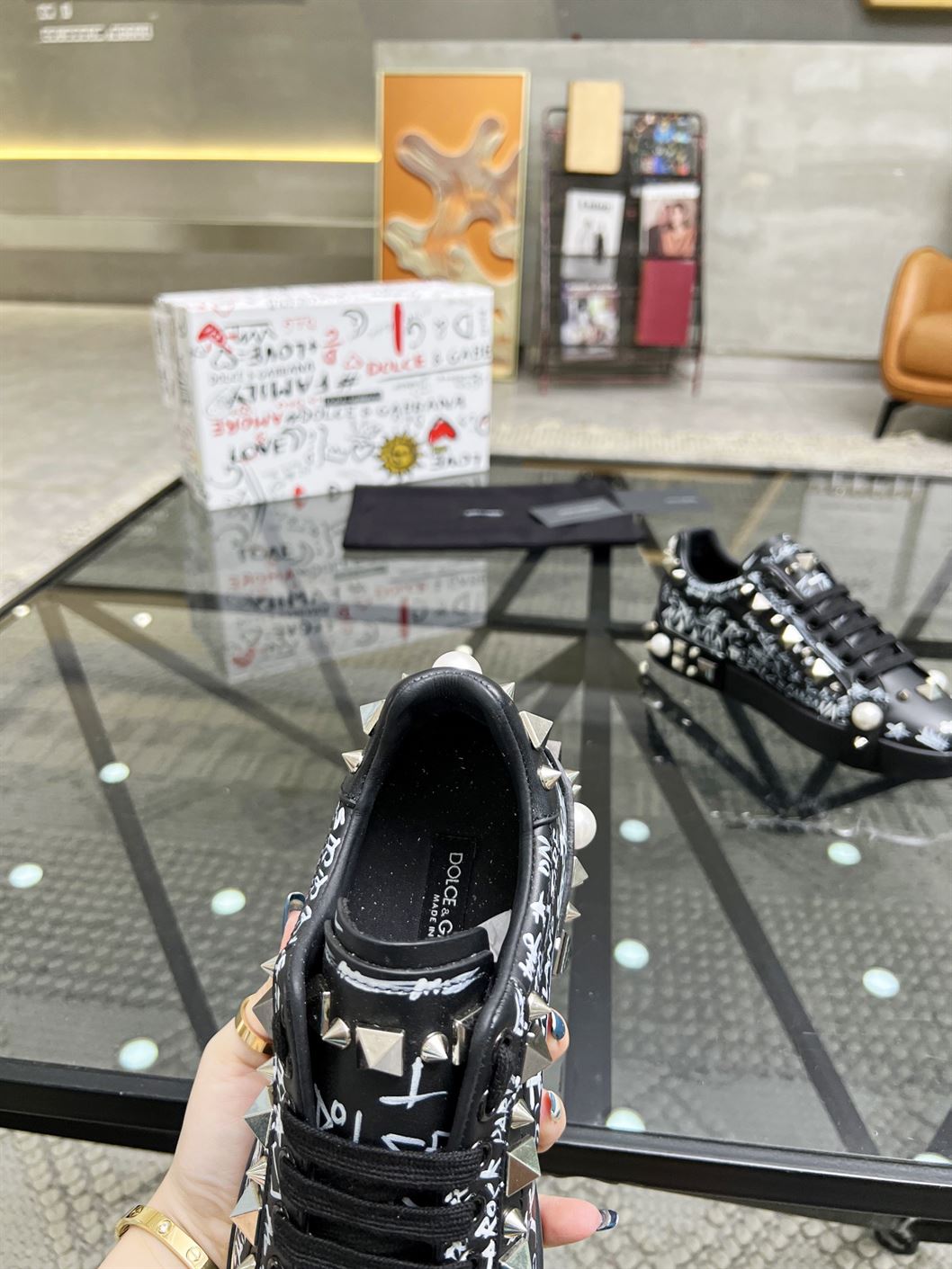 DOLCE & GABBANA CALFSKIN NAPPA PORTOFINO SNEAKERS WITH STUDS – DG018