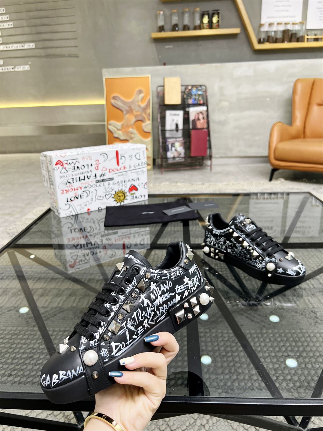 DOLCE & GABBANA CALFSKIN NAPPA PORTOFINO SNEAKERS WITH STUDS – DG018