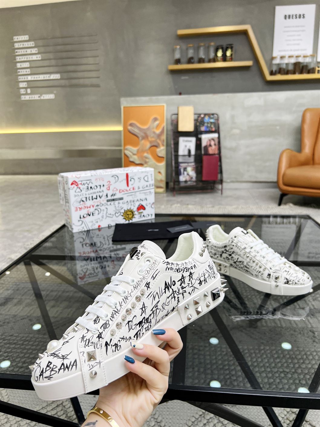 DOLCE & GABBANA CALFSKIN NAPPA PORTOFINO SNEAKERS WITH STUDS – DG019