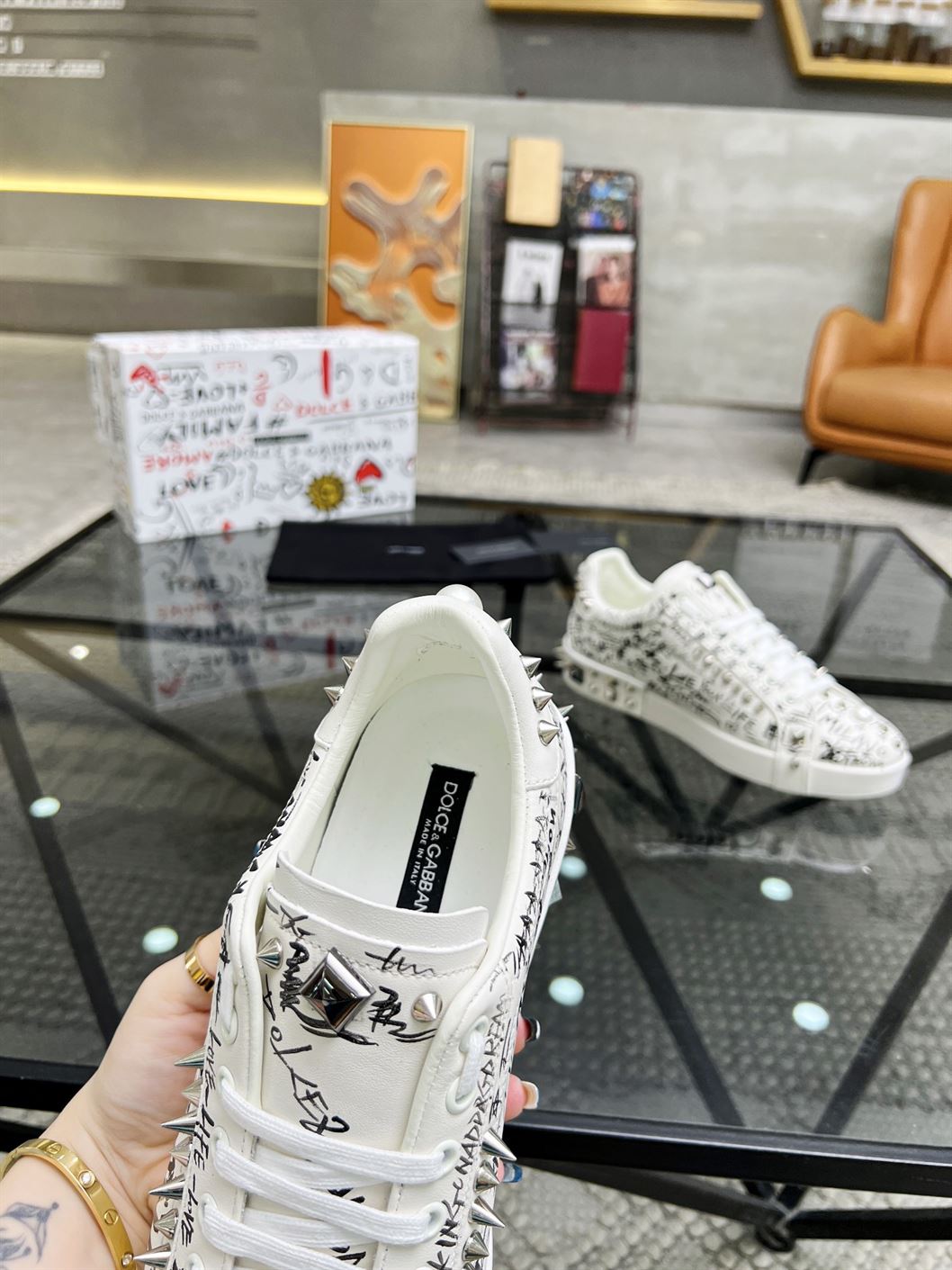 DOLCE & GABBANA CALFSKIN NAPPA PORTOFINO SNEAKERS WITH STUDS – DG019