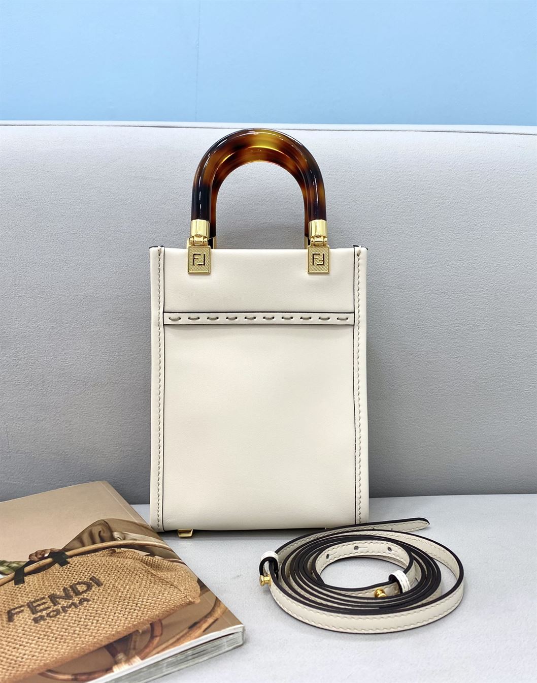 FENDI MINI SUNSHINE SHOPPER WHITE LEATHER MINI BAG