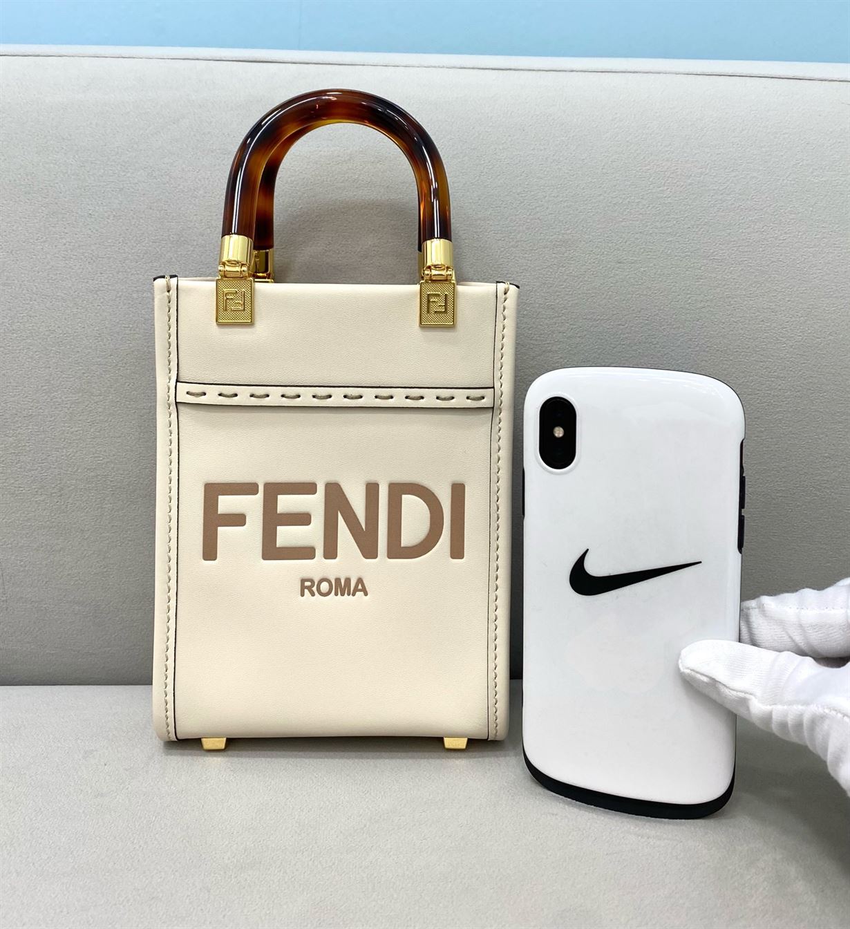 FENDI MINI SUNSHINE SHOPPER WHITE LEATHER MINI BAG