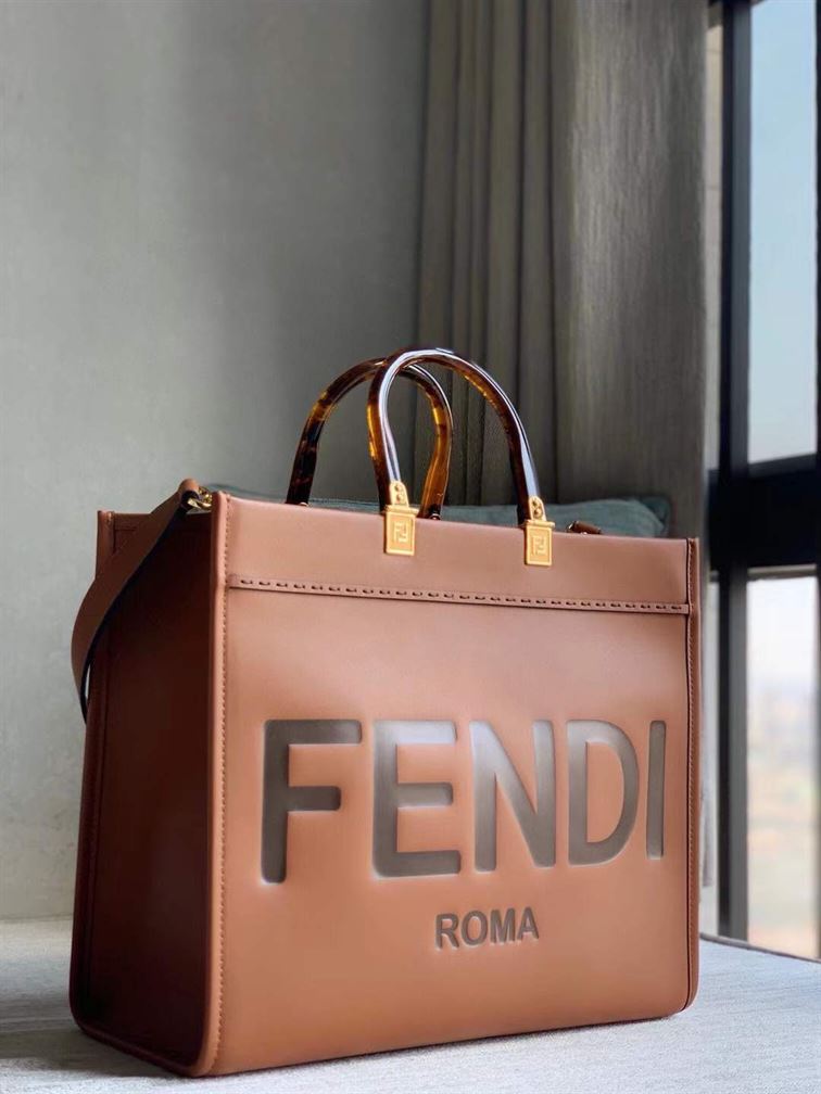 FENDI SUNSHINE MEDIUM BROWN LEATHER SHOPPER