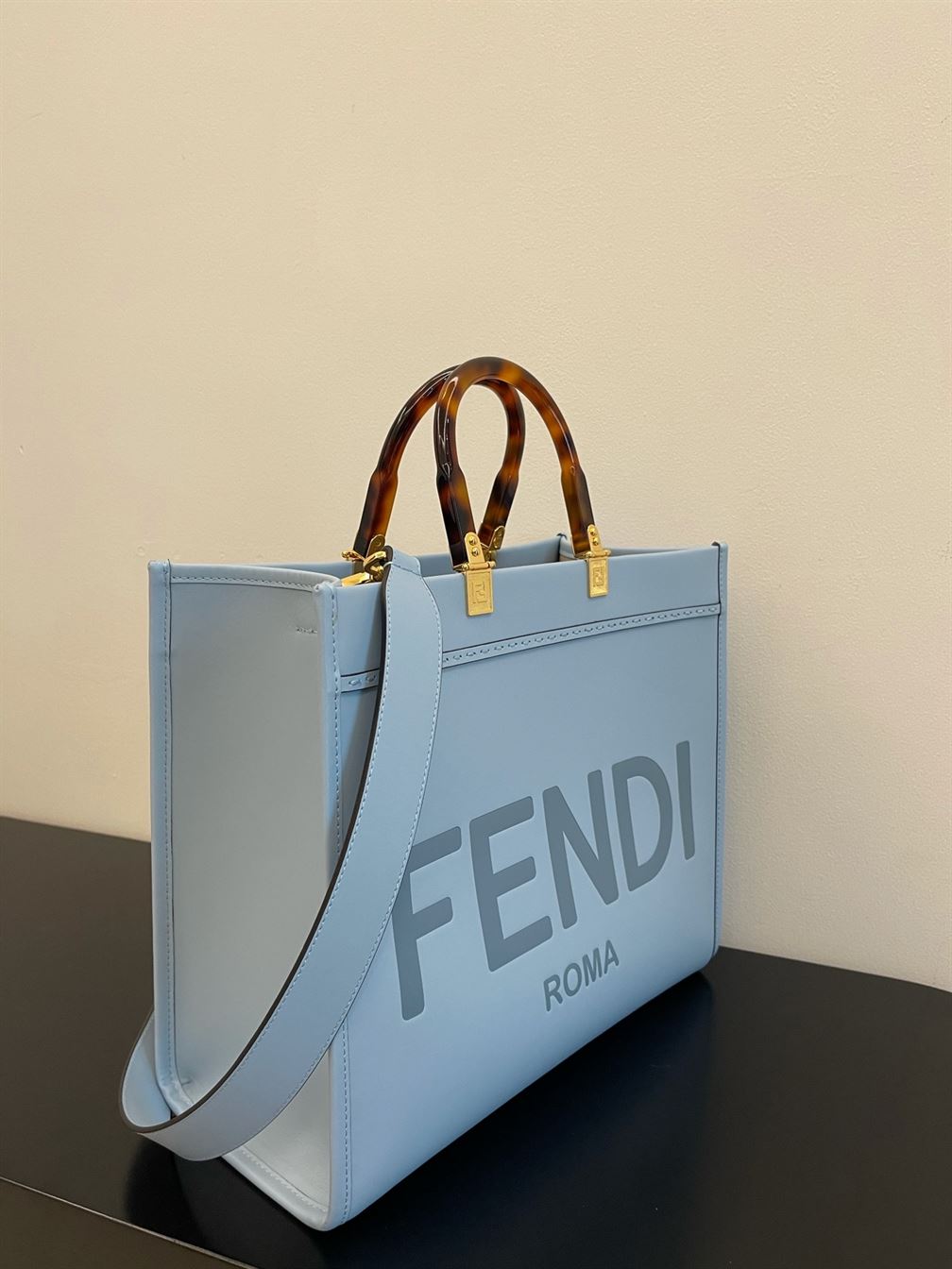 FENDI SUNSHINE MEDIUM LIGHT BLUE LEATHER SHOPPER