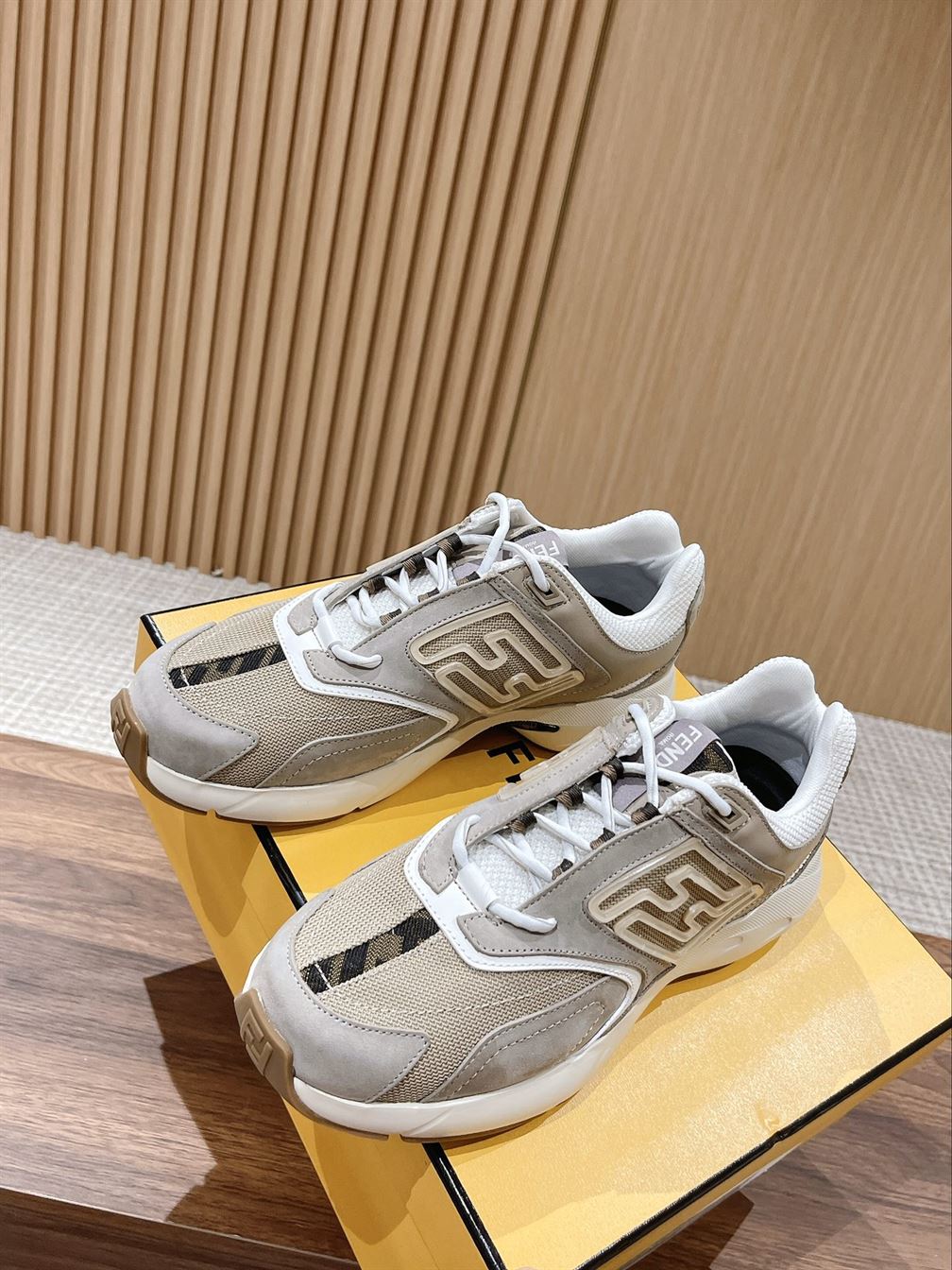 FENDY FASTER TRAINERS BEIGE NUBUCK LEATHER LOW TOPS - FDS020