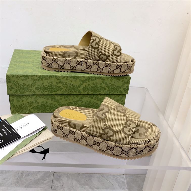 GUCCI ANGELINA LOGO-JACQUARD COATED-CANVAS PLATFORM SLIDES - GSL023