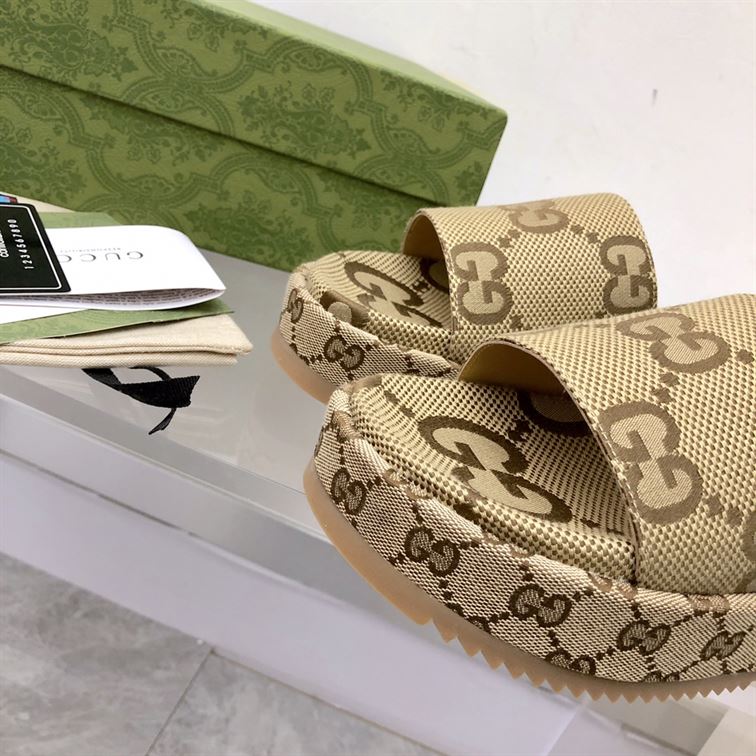 GUCCI ANGELINA LOGO-JACQUARD COATED-CANVAS PLATFORM SLIDES - GSL023