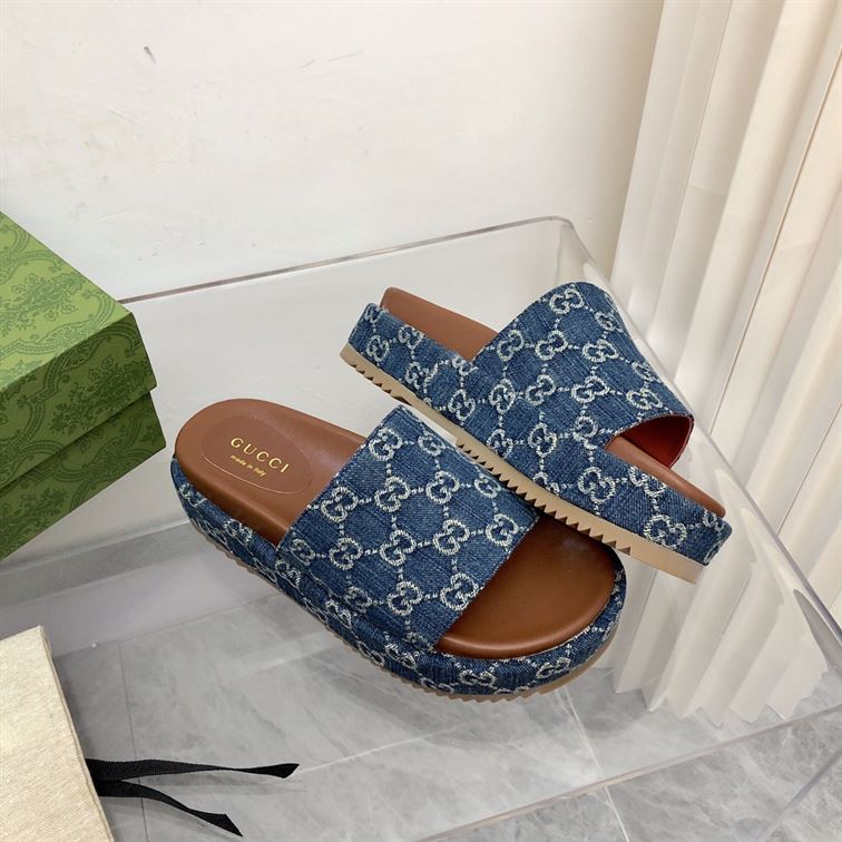 GUCCI ANGELINA LOGO-JACQUARD COATED-CANVAS PLATFORM SLIDES - GSL024