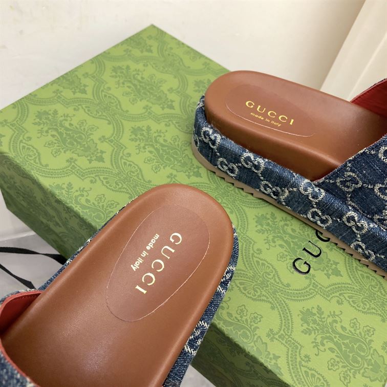 GUCCI ANGELINA LOGO-JACQUARD COATED-CANVAS PLATFORM SLIDES - GSL024