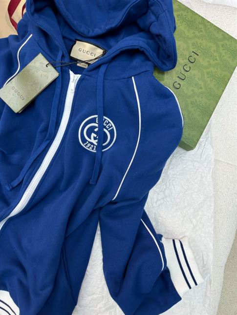 GUCCI BLUE COTTON JERSEY LOGO ZIPPED HOODIE - GCJ036