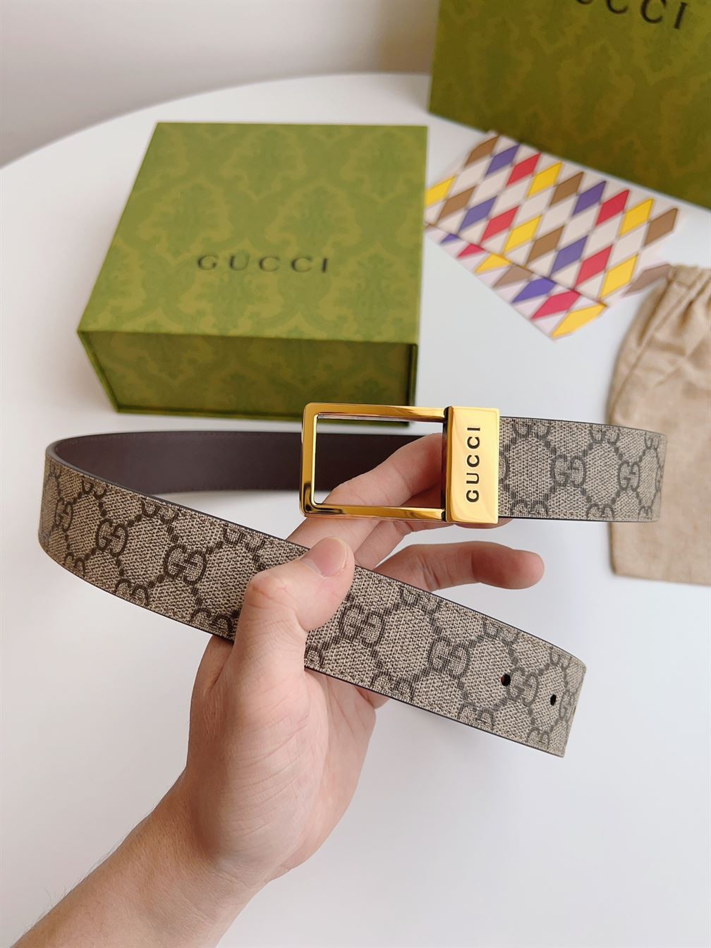 GUCCI GG BELT WITH RECTANGULAR BUCKLE - GB045