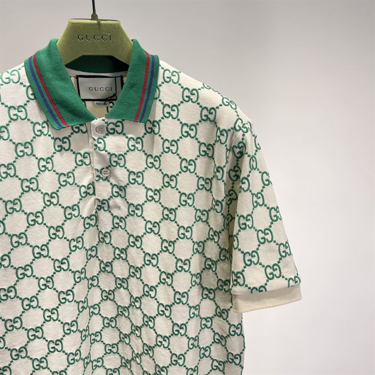 GUCCI GG STRETCH COTTON POLO IN OFF-WHITE AND GREEN - GGS007