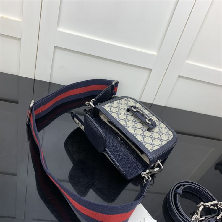 GUCCI HORSEBIT 1955 MINI BAG IN BEIGE AND BLUE GG SUPREME CANVAS