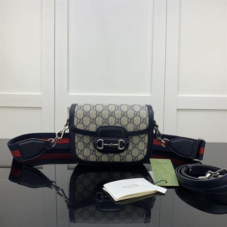 GUCCI HORSEBIT 1955 MINI BAG IN BEIGE AND BLUE GG SUPREME CANVAS