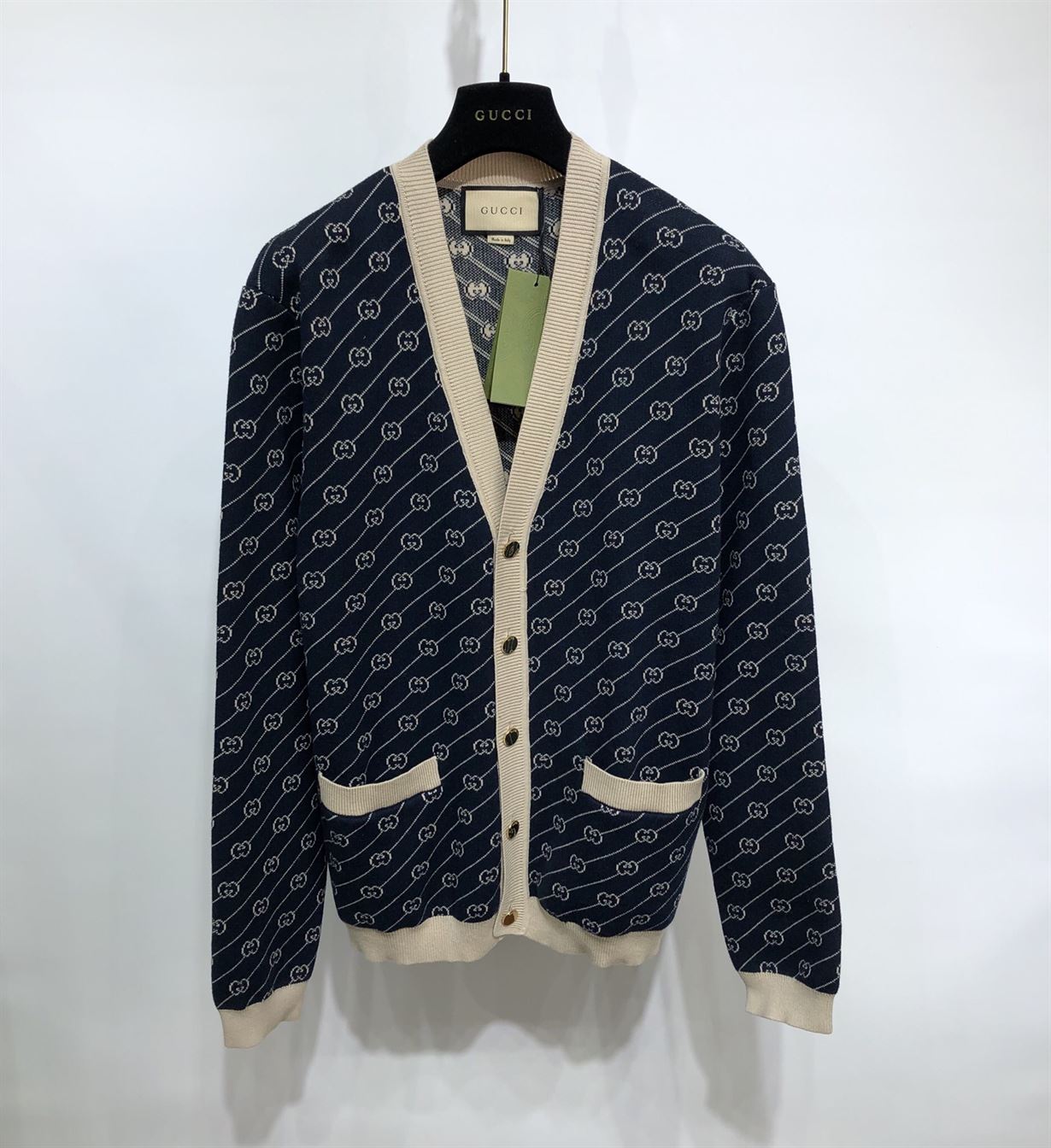 GUCCI NAVY & OFF-WHITE GG JACQUARD CARDIGAN - GCJ003