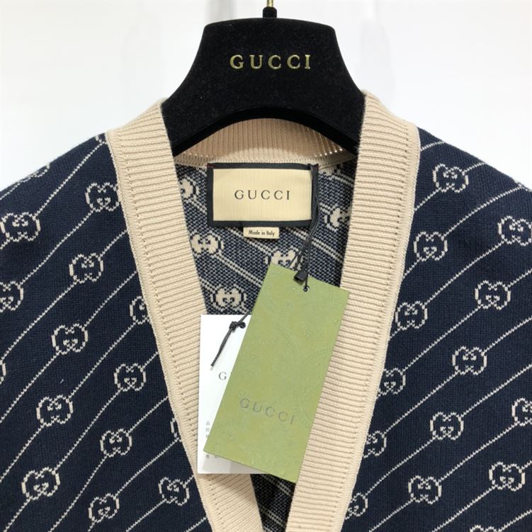 GUCCI NAVY & OFF-WHITE GG JACQUARD CARDIGAN - GCJ003