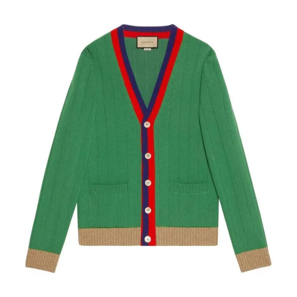 GUCCI WEB-STRIPE WOOL CARDIGAN GREEN - GCK040