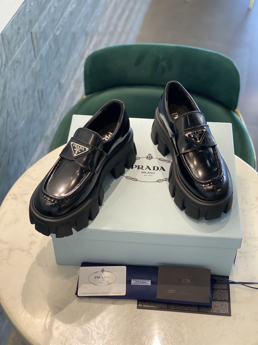 PRADA MONOLITH BRUSHED LEATHER LOAFERS - PRS034