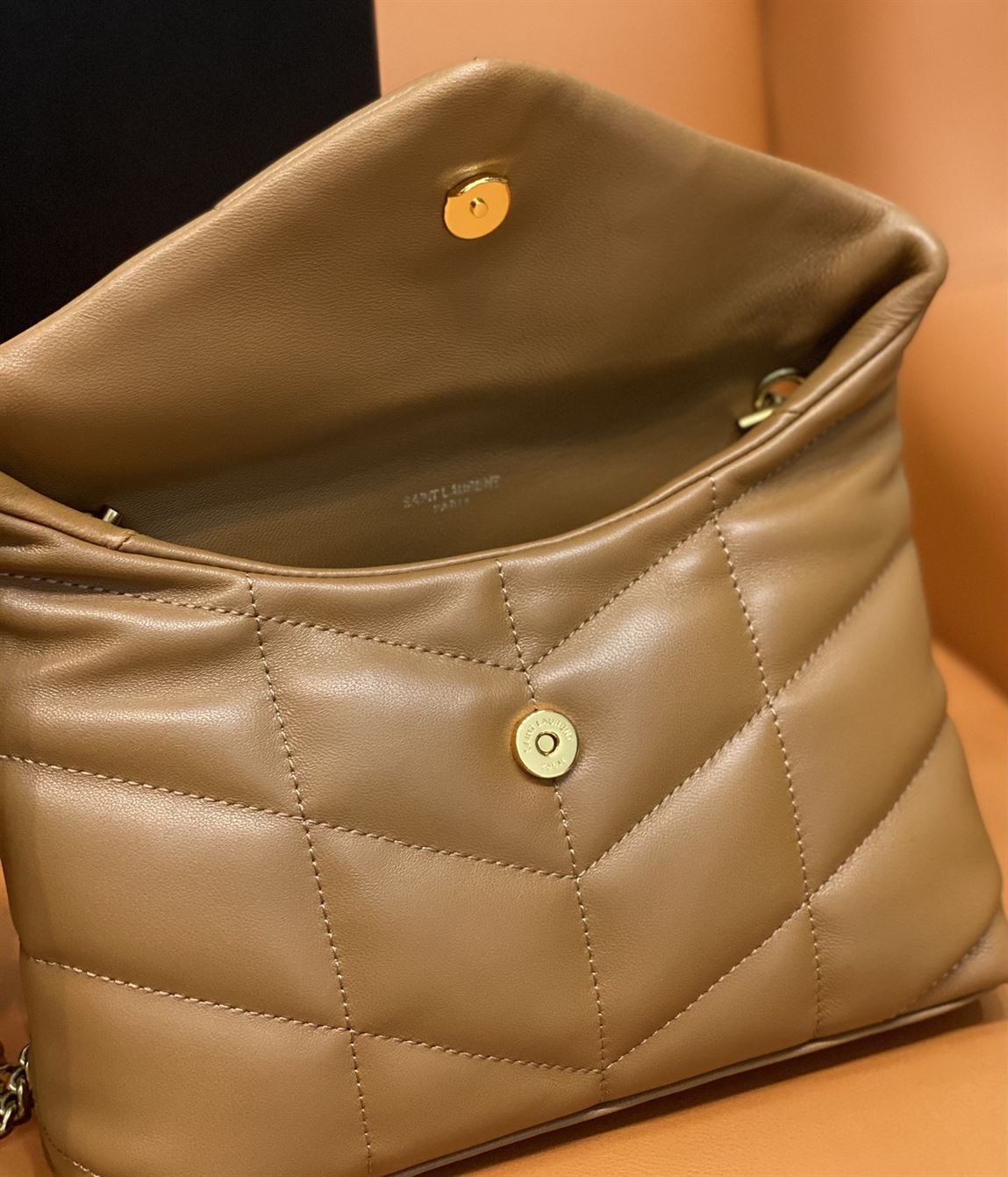 YSL PUFFER TOY BROWN BAG IN QUILTED LAMBSKIN