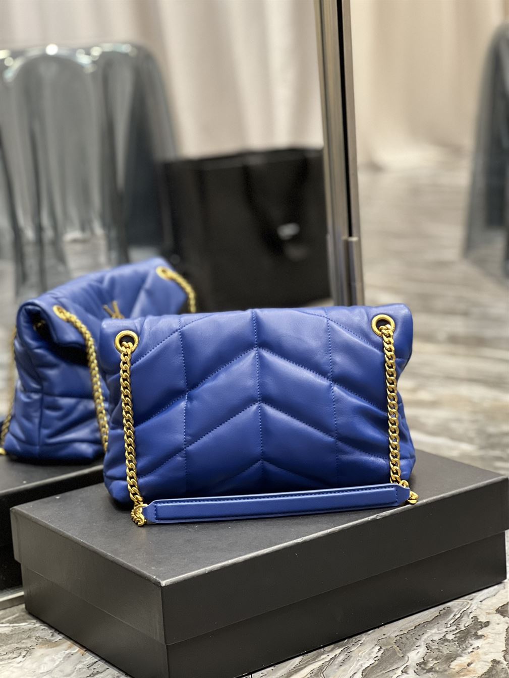 YSL SMALL PUFFER IN QUILTED NAPPA BLUE LEATHER