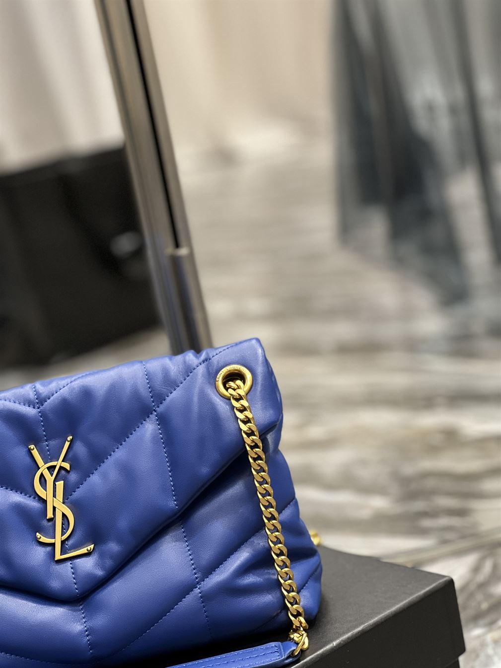YSL SMALL PUFFER IN QUILTED NAPPA BLUE LEATHER