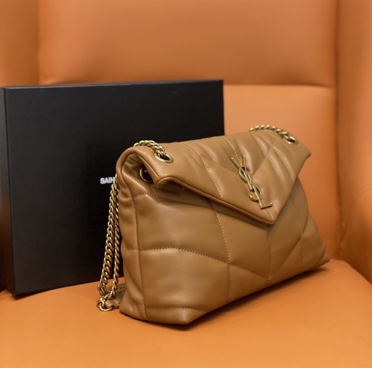 YSL SMALL PUFFER IN QUILTED NAPPA BROWN LEATHER