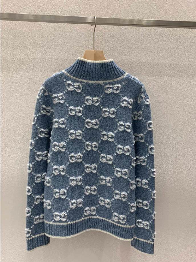 GUCCI Bouclé Stitch Jacquard Blue Knitwear - GCK054
