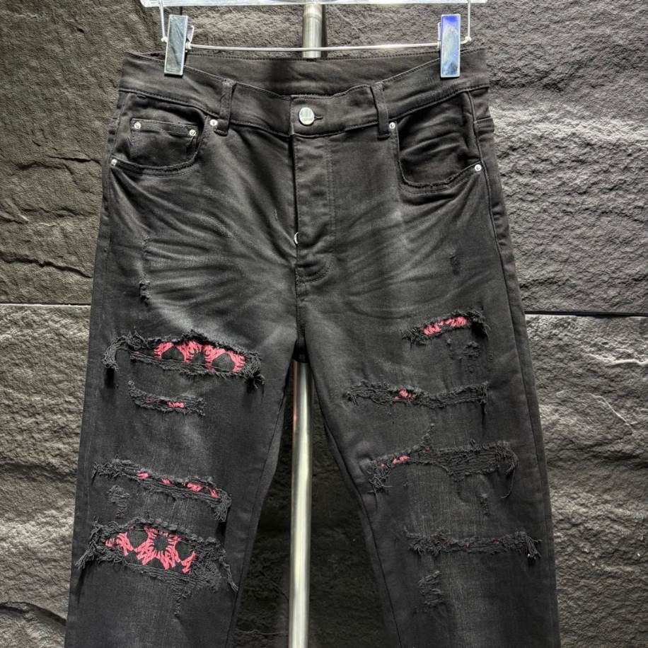 Amiri Rip Pink Black Embroider Jeans - AMIJ034