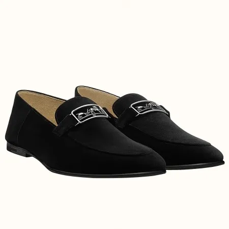 Hermes Men's Tenor Loafers In Black Suede Calfskin - HM015 Hermes Men's Tenor Loafers In Black Suede Calfskin