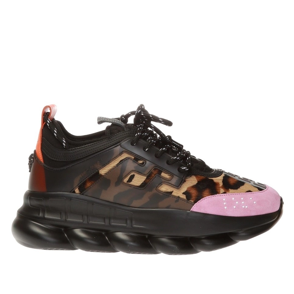 VERSACE WOMEN'S BLACK CHAIN REACTION SNEAKERS WITH LEOPARD PRINT - VSS027