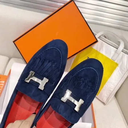 Hermes Women's Royal Loafers In Blue Suede Leather - HM088 Hermes Women's Royal Loafers In Blue Suede Leather