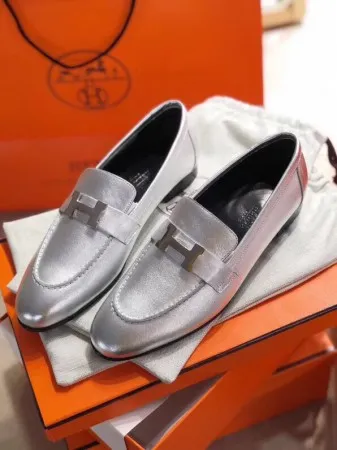 Hermes Women's Paris Loafers In Silver Metallic Goatskin - HM082 Hermes Women's Paris Loafers In Silver Metallic Goatskin