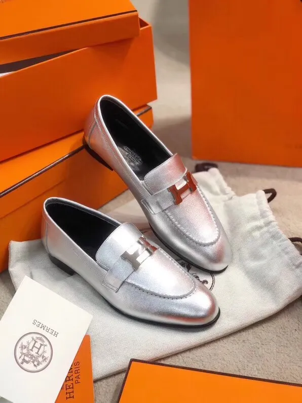Hermes Women's Paris Loafers In Silver Metallic Goatskin - HM082 Hermes Women's Paris Loafers In Silver Metallic Goatskin