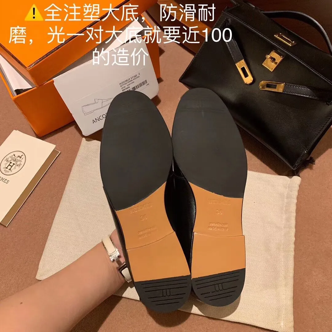 Hermes Women's Ancora Loafers In Black Goatskin - HM080 Hermes Women's Ancora Loafers In Black Goatskin