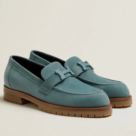 Hermes Women's Faubourg Loafers in Blue Suede Leather - HM074 Hermes Women's Faubourg Loafers in Blue Suede Leather