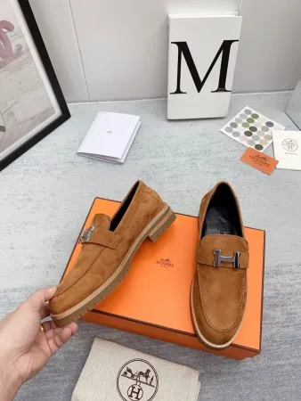 Hermes Women's Faubourg Loafers in Brown Suede Leather - HM075 Hermes Women's Faubourg Loafers in Brown Suede Leather