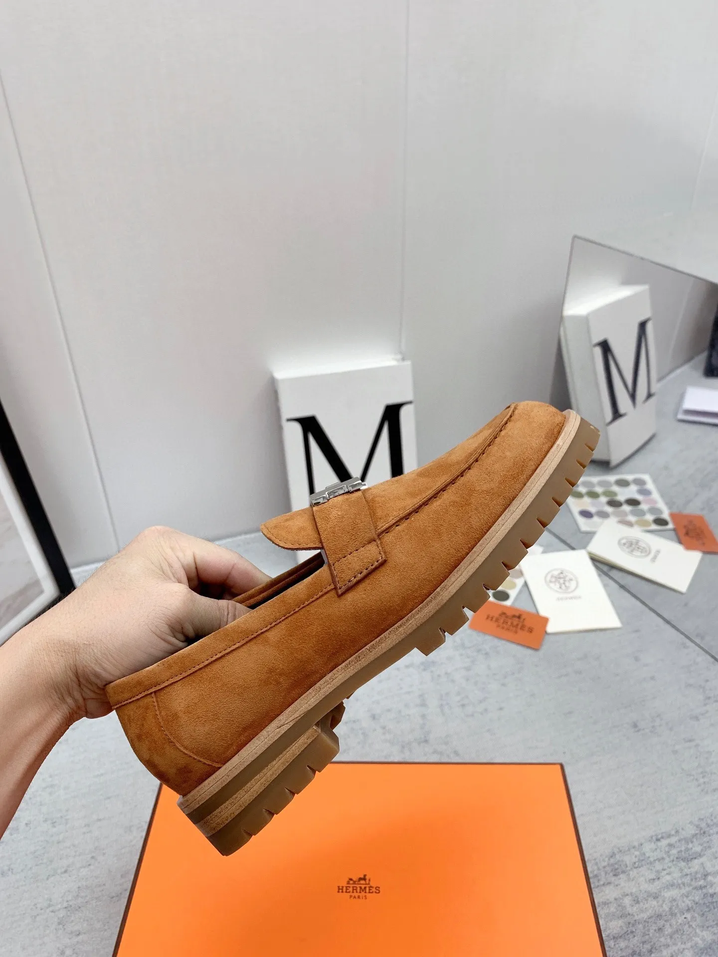 Hermes Women's Faubourg Loafers in Brown Suede Leather - HM075 Hermes Women's Faubourg Loafers in Brown Suede Leather