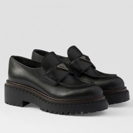 Prada Women's Double Chocolate Loafers in Black Leather - PRL012 Prada Women's Double Chocolate Loafers in Black Leather