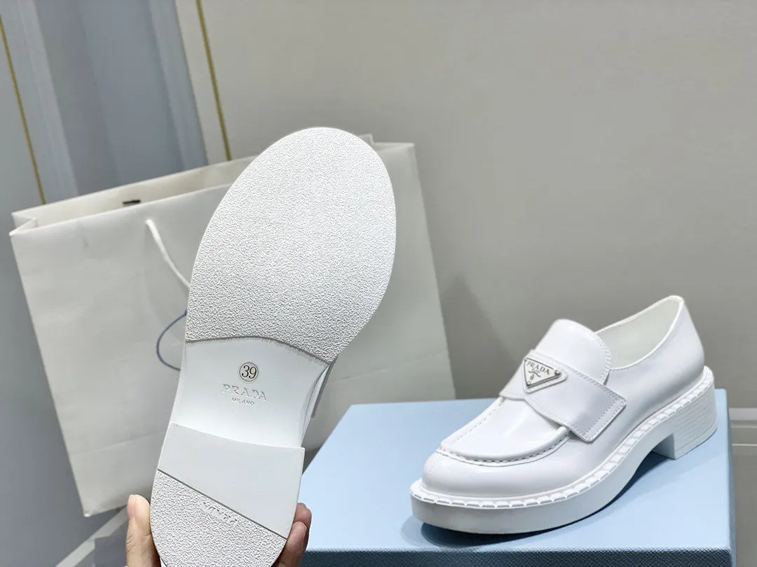 Prada Women's Loafers In White Brushed Leather - PRL003 Prada Women's Loafers In White Brushed Leather