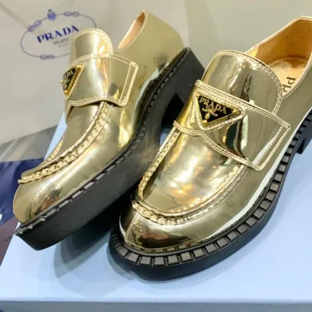 Prada Women's Loafers In Gold Metallic Leather - PRL004 Prada Women's Loafers In Gold Metallic Leather