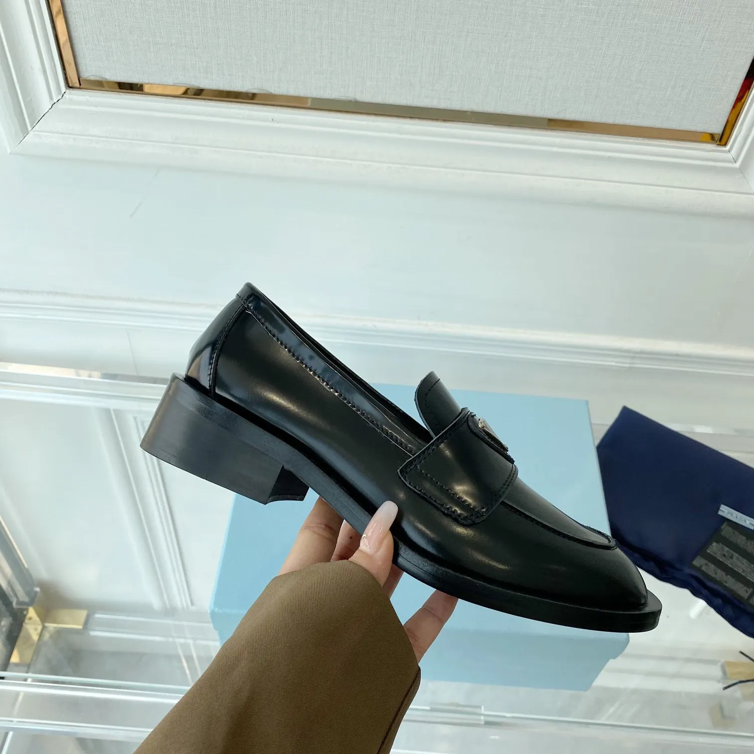 Prada Women's Loafers In Black Unlined Brushed Leather - PRL005 Prada Women's Loafers In Black Unlined Brushed Leather